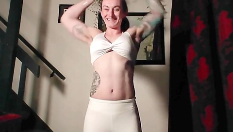 Muscle Girl In White Yoga Pants Stretching And Workout Live Stream Recording